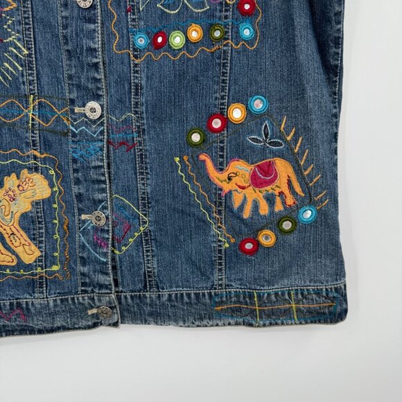 Chicos Womens Denim Vest Art to wear Button Front Boho 2 Large Blue Embroidered - Picture 6 of 15
